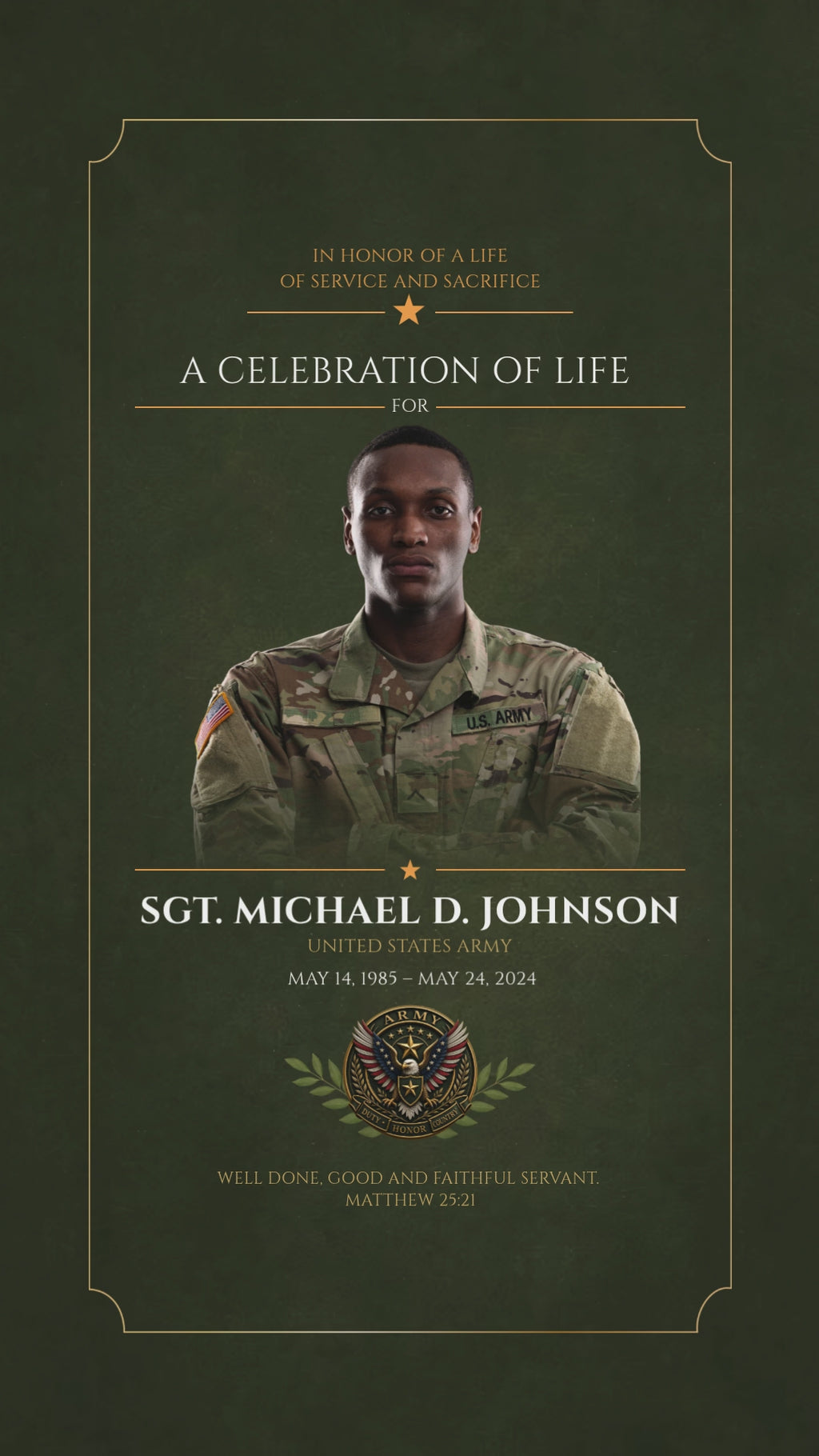 Military army funeral program template — animated digital slideshow preview, olive camo design with gold accents, Canva editable