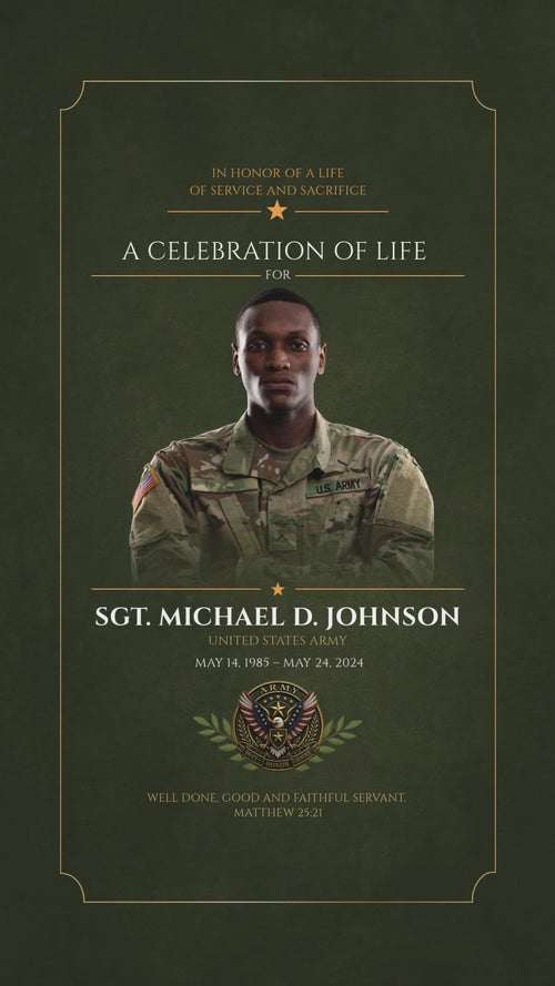 Military army funeral program template — animated digital slideshow preview, olive camo design with gold accents, Canva editable