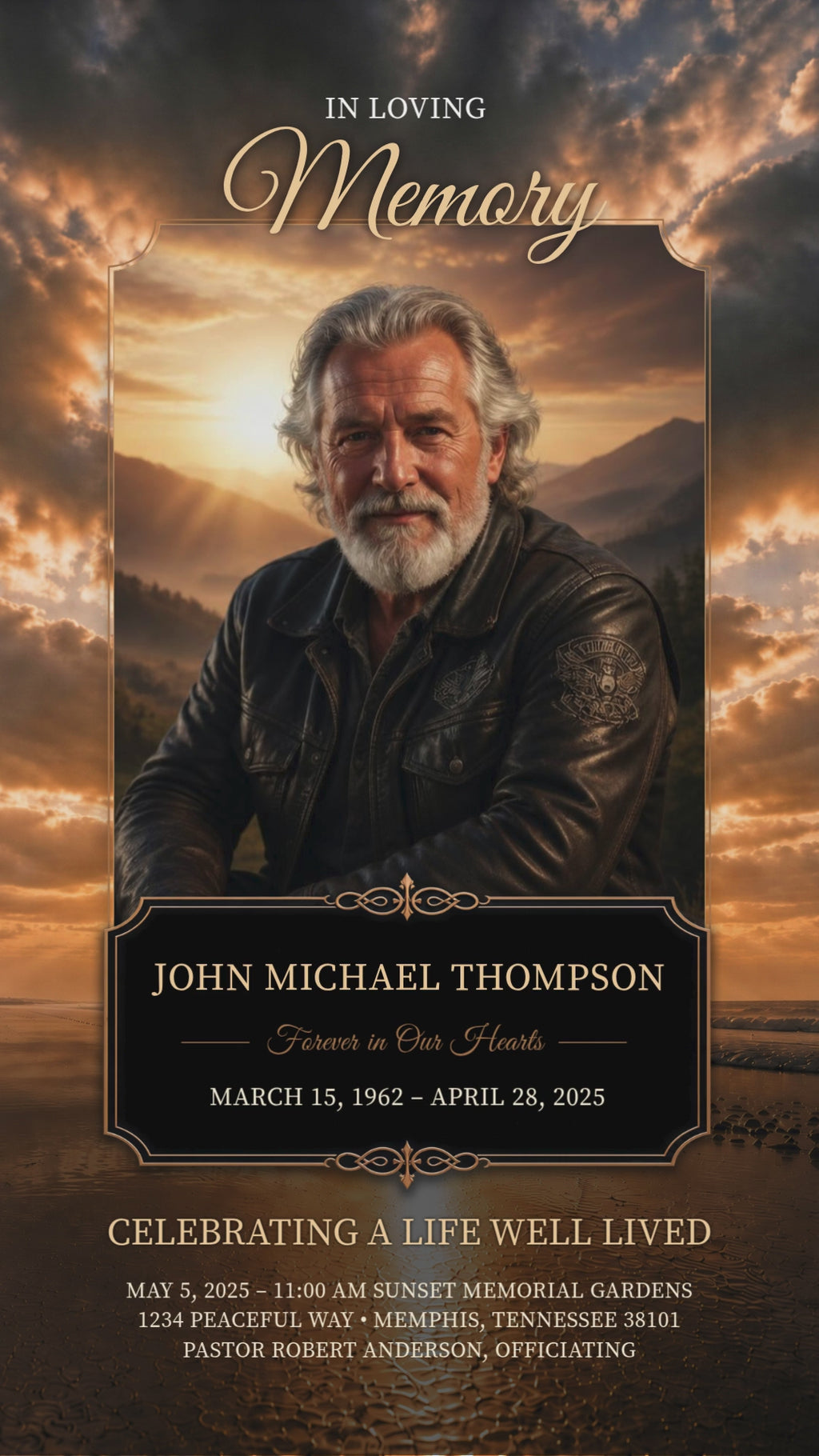 Christian biker funeral program template — digital version MP4 preview with golden sunset angel scene