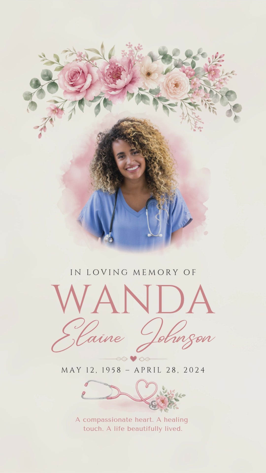 Nurse funeral program template – Gentle Hands — digital version shown on two mobile phones, front cover with blended portrait and floral arch, back cover with Safe in His Care poem