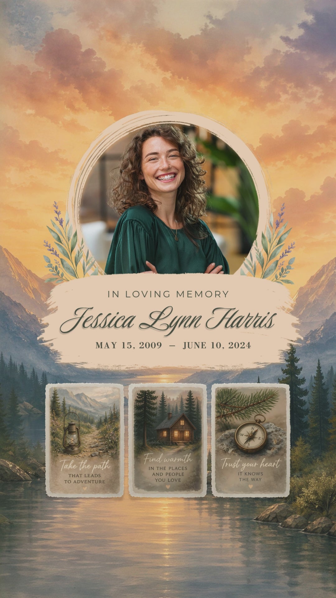 Watercolor Wilderness funeral program template digital version — animated MP4 slideshow for sharing on phones, social media, or via text and email
